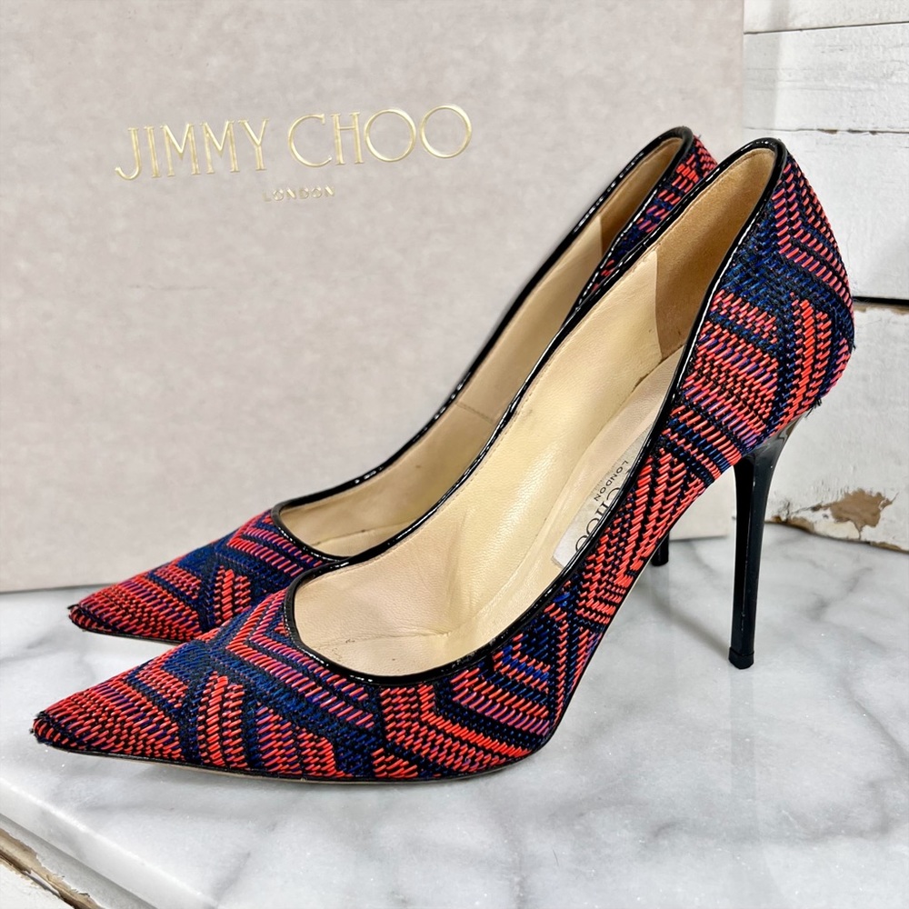 Jimmy Choo Red & Navy Geometric Pattern Woven Pointed Toe Heels - Picture 4 of 7